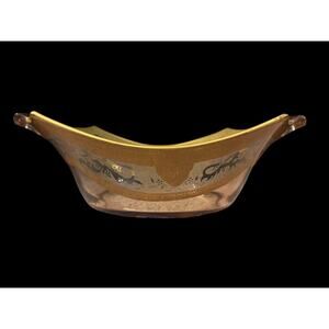 Vintage Pink Art Deco Depression Glass Console Bowl with Gold Gilt Trim Etched